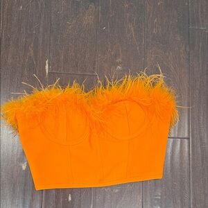 superdown Orange Feather Trim Strapless Crop Top